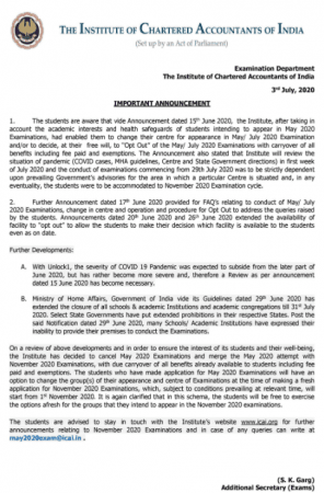 ICAI announcement July 3rd 2020