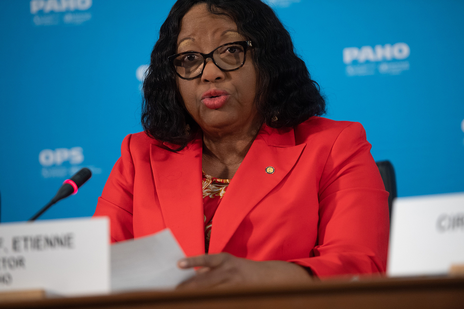Dr. Carissa Etienne, Director of the Pan American Health Organization (PAHO) and World Health Organization (WHO) Regional Director for the Americas, speaks during a press briefing at PAHO Headquarters in Washington, DC, on March 6.