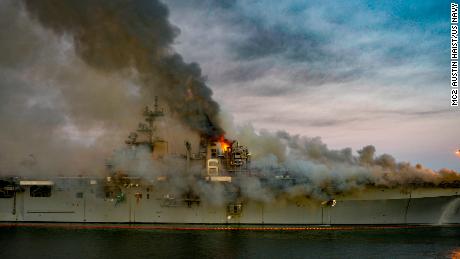 A fire burns aboard the USS Bonhomme Richard in San Diego on July 12, 2020.
