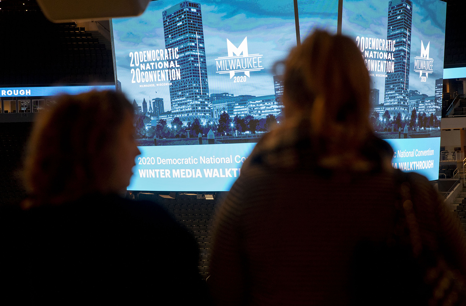 Signage is displayed during a media walkthrough for the upcoming Democratic National Convention at the Fiserv Forum in Milwaukee, on Tuesday, January 7.