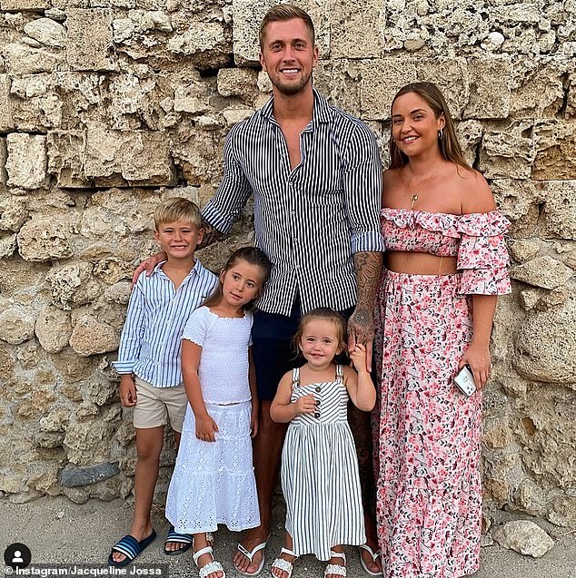 Happy family: Jacqueline and Dan looked happier than ever as they holidayed in Greece with their daughters Ella, five and Mia, two, and Dan's son Teddy, six