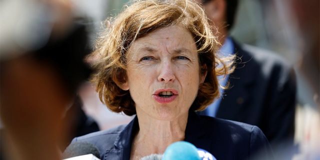French Defence Minister Florence Parly speaks to journalists as she visits the devastated site of the massive explosion at the port of Beirut, Lebanon, August 14, 2020. REUTERS/Thaier Al-Sudani - RC2NDI9OAVAS