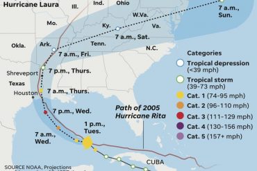 Projected path of Hurricane Laura as compared to Hurricane Rita (2005)