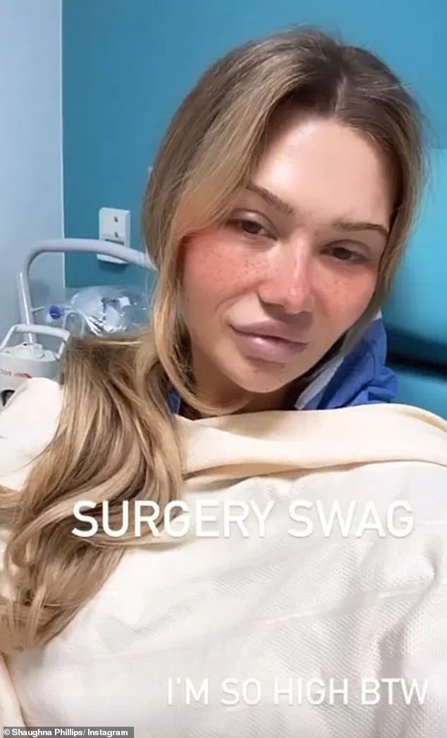 Surgery: The Love Island actress had previously posed for a selfie in a hospital bed because she admitted she was in a 'hospital swag' and 'very high' after her procedures.