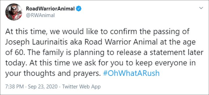 Tweet about Road Warrior Animal Passing