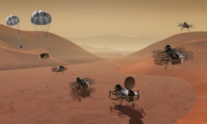 An artist's rendering dragonfly shows multiple views of a dual-quadcopter drone that will explore Saturn's moon Titan.