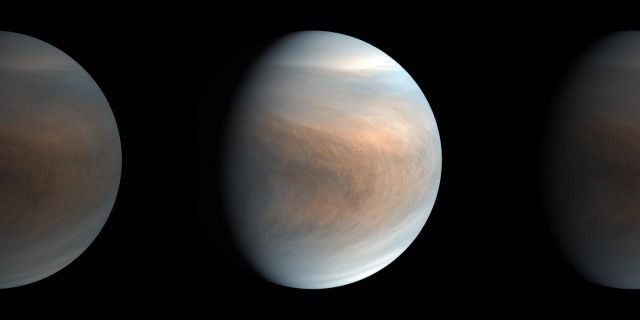 False color image of Venus was synchronized using 283-nm and 365-nm band images taken by the Venus Ultraviolet Imager (UVI).