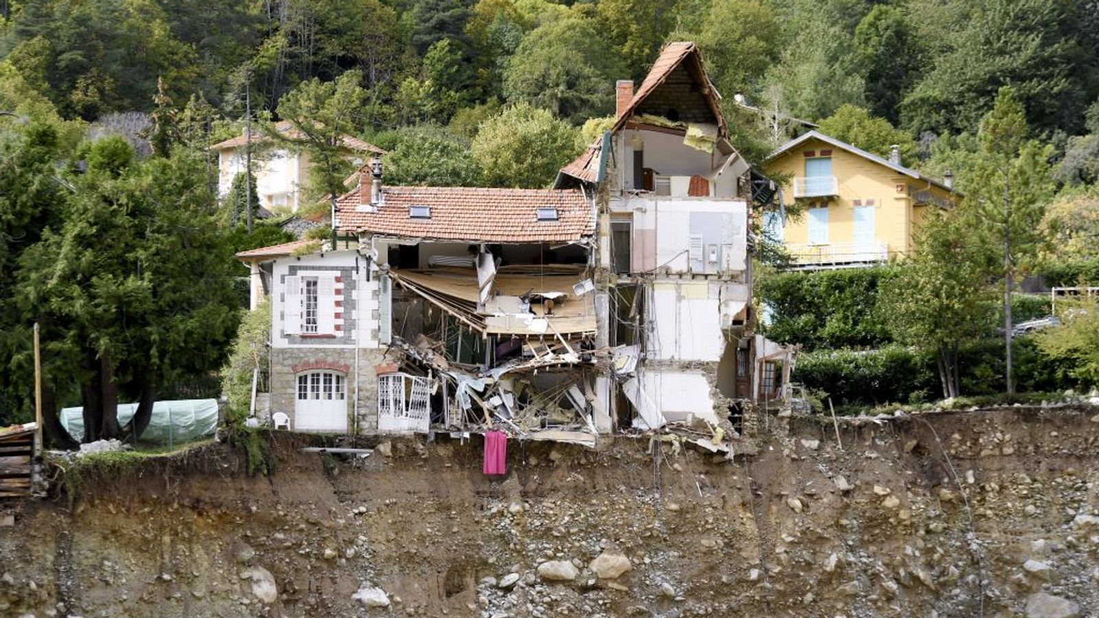 A house destroyed by a landslide on the banks of the Vesubie river 