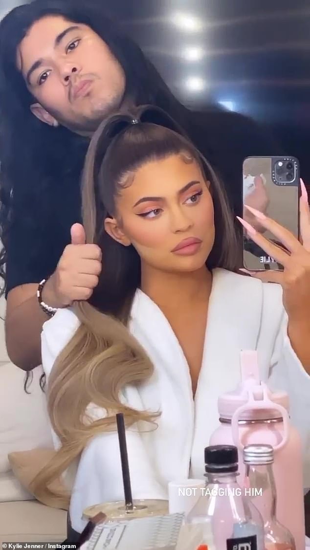 Glam Squad: About 20 minutes after her flight post, the youngest of the Kardashian-Jenner sisters posted a video of her hair stylist performing her magic.