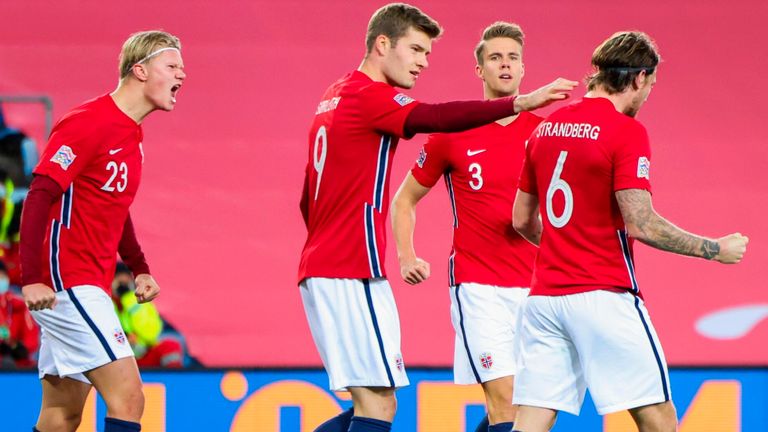 Norway v Arling Brett Holland and teammates celebrate after Norway v Northern Ireland's own goal in the UEFA Nations League football match on October 14, 2020 in Oslo, Norway.  (Photo by Orn E. Borgen / NTB / AFP) (Photo by ORN E. BORGEN / NTB / AFP via Getty Images)