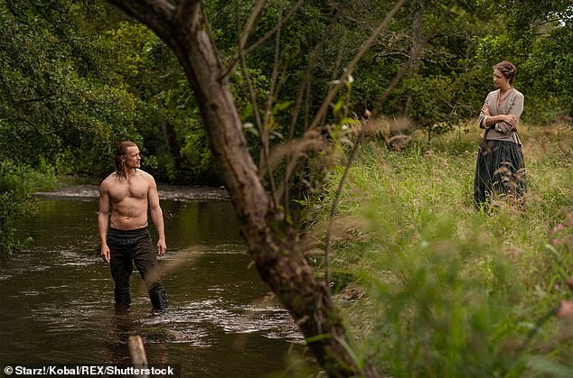 Hunky: Sam shot to the heartthrob level for introducing the fictional Scottish Highlander Jamie Fraser on the popular TV series Land Thunder.  Picture with teammate Kitriona Balfe