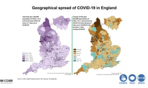 A slide showing the geographical spread of Kovid-19 in England was unveiled at a briefing on Wednesday.