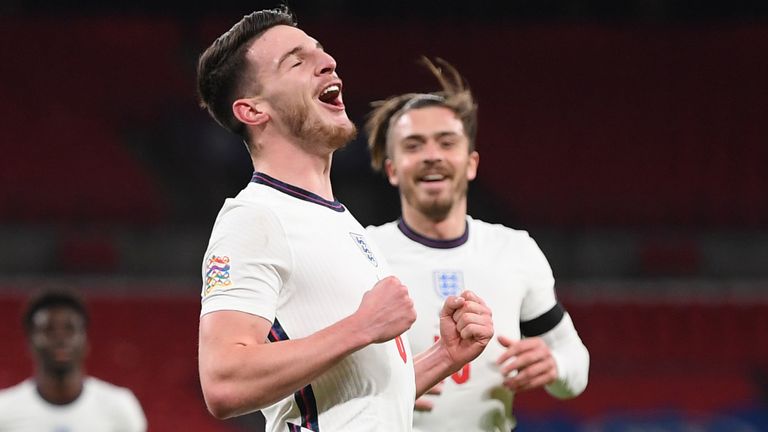 Declan Rice celebrates his first goal for England