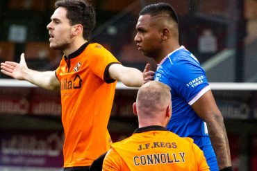 Rangers' Alfredo Morelos after being yellow carded for an elbow on Dundee United's Mark Connolly