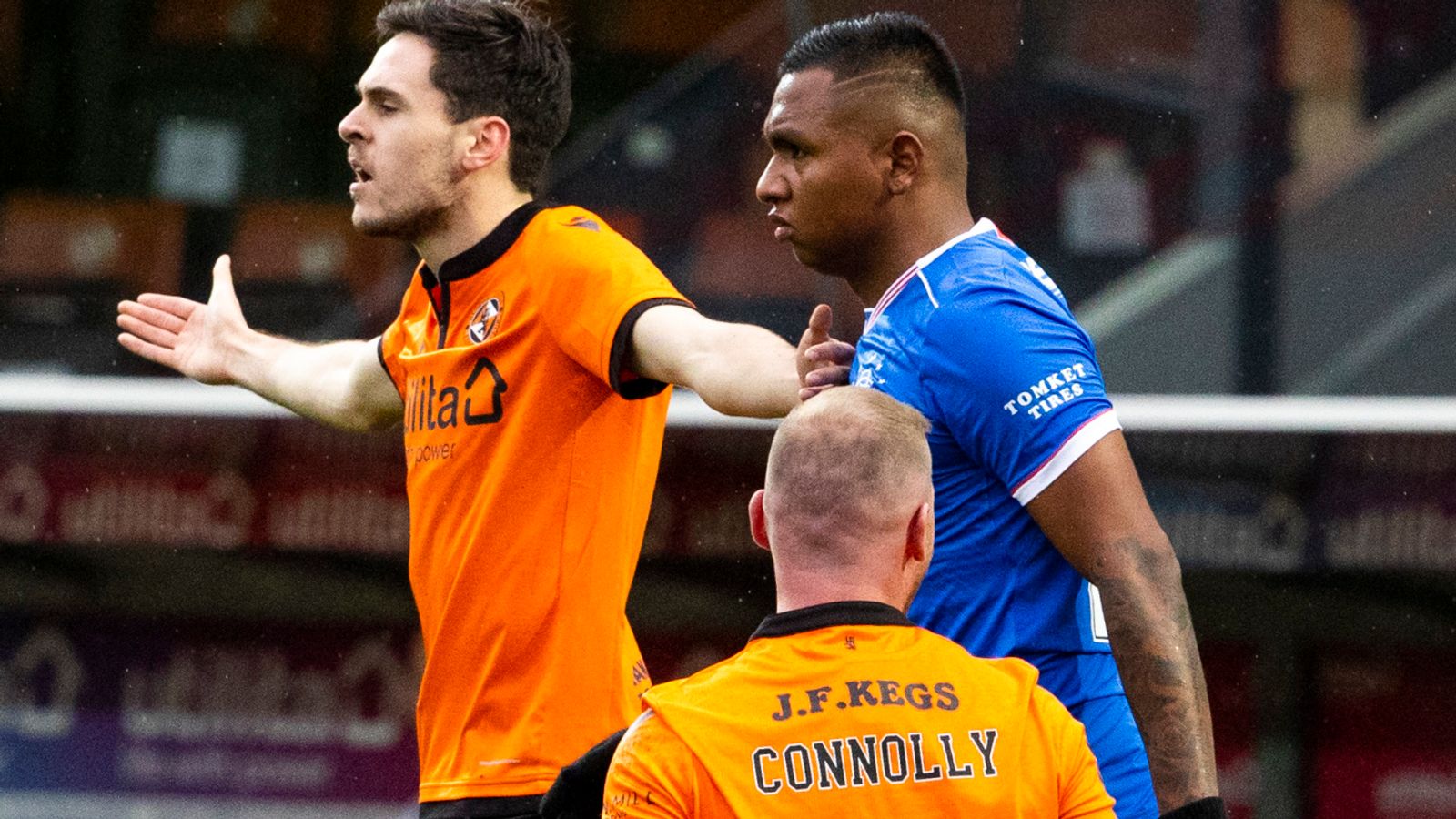 Rangers&#39; Alfredo Morelos after being yellow carded for an elbow on Dundee United&#39;s Mark Connolly