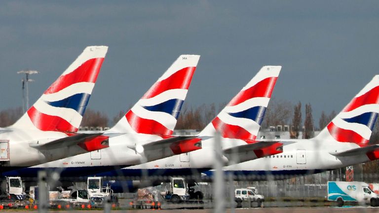 This image shows British Airways landing at Heathrow Airport Terminal 5 in West London on 16 March 2020. 