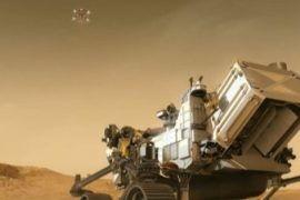 Animation showing the Perseverance Rover robot arriving on Mars on February 18, 2021