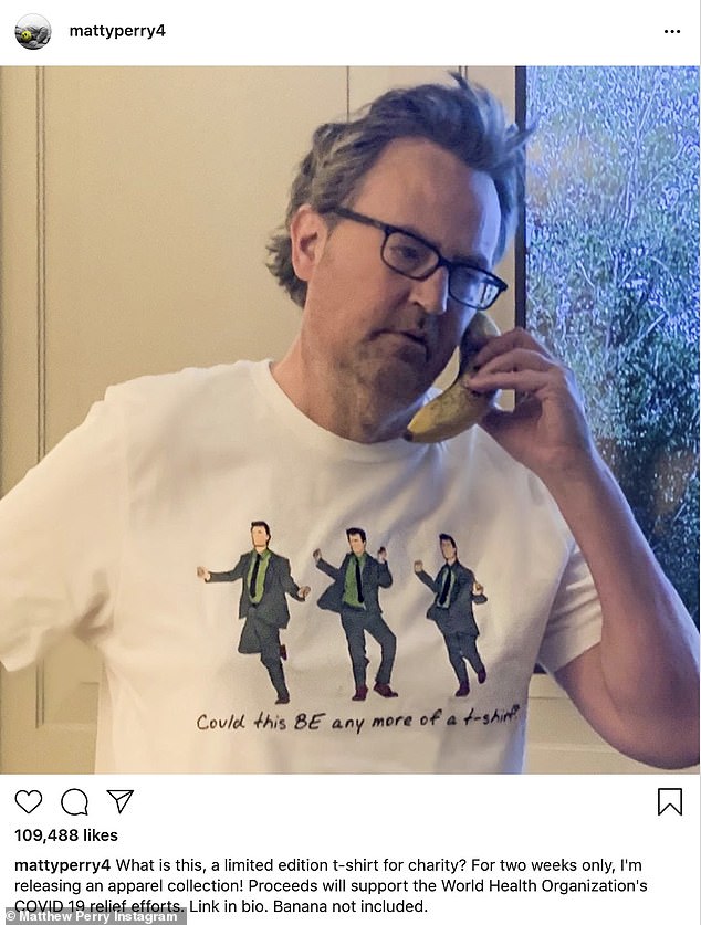 Explosion from the old: Matthew Perry announced the sale of Friends-themed merchandise by posting a photo of Chandler Bing wearing a T-shirt showing his character, and his character's famous quote: 'Wouldn't this be a T anymore?  -Shirt? '