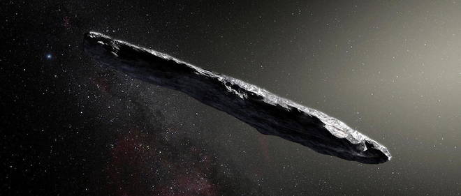 An artistic representation of the interstellar object um muvua, which rapidly overtook our solar system in 2017.