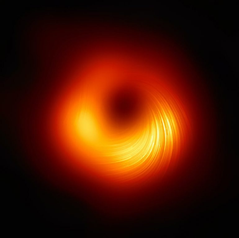 חור שחור המצולם באור מקוטב, וחושף את השדות המגנטיים שלו. שותפות טלסקופ אופק האירועים (EHT)