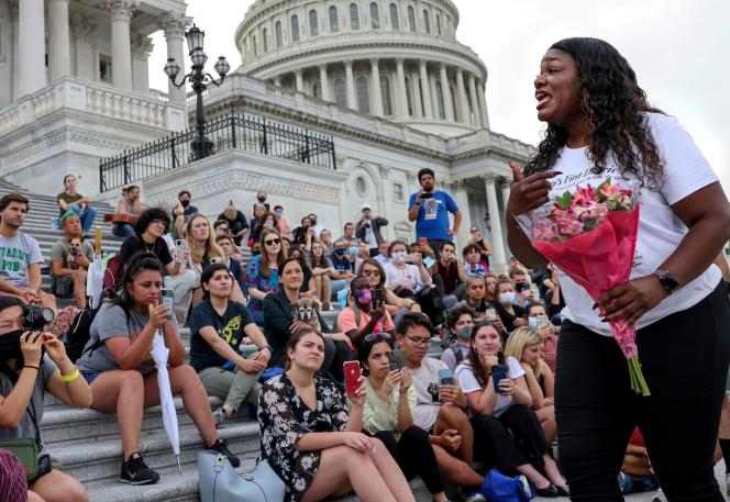 House Congresswoman Corey Bush addresses protesters who came to support her when she camped outside Congress in Washington in August 2021.