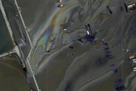 The satellite shows an oil spill in the Gulf of Mexico