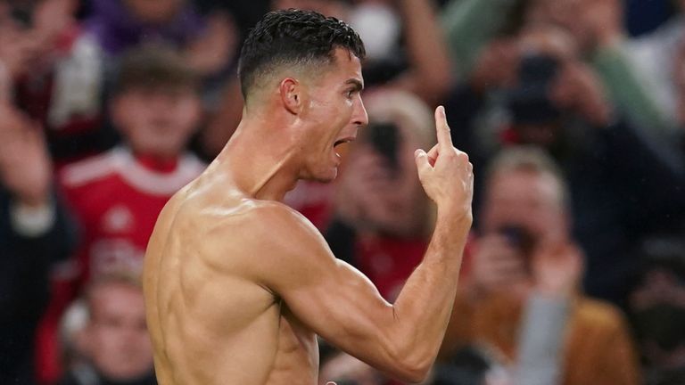 Manchester United's Cristiano Ronaldo, left, celebrates with teammate Diego Dolot on Wednesday, September 29, 2021, at Old Trafford, England, after scoring the winning goal in the Champions League Group F soccer match between Manchester United and Villarreal (EP Photo / Dave)