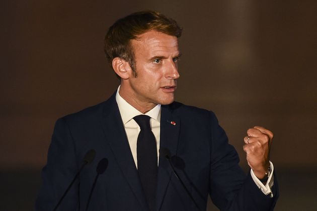 French President Emmanuel Macron makes a statement at the 8th MED7 Mediterranean Summit ...