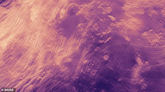 The surface of the planets with the egg is similar to the lower regions of Venus (here a false color radar image is depicted in the mosaic).  The bright and fine peach lines are tectonic structures and the dark and purple areas are relatively smooth volcanic plains.  Some small volcanoes appear near the center below.  The image was made using radar data from NASA's Magellan mission, which operated between 1990 and 1994, covering an area of ​​about 1,400 km (870 mi).