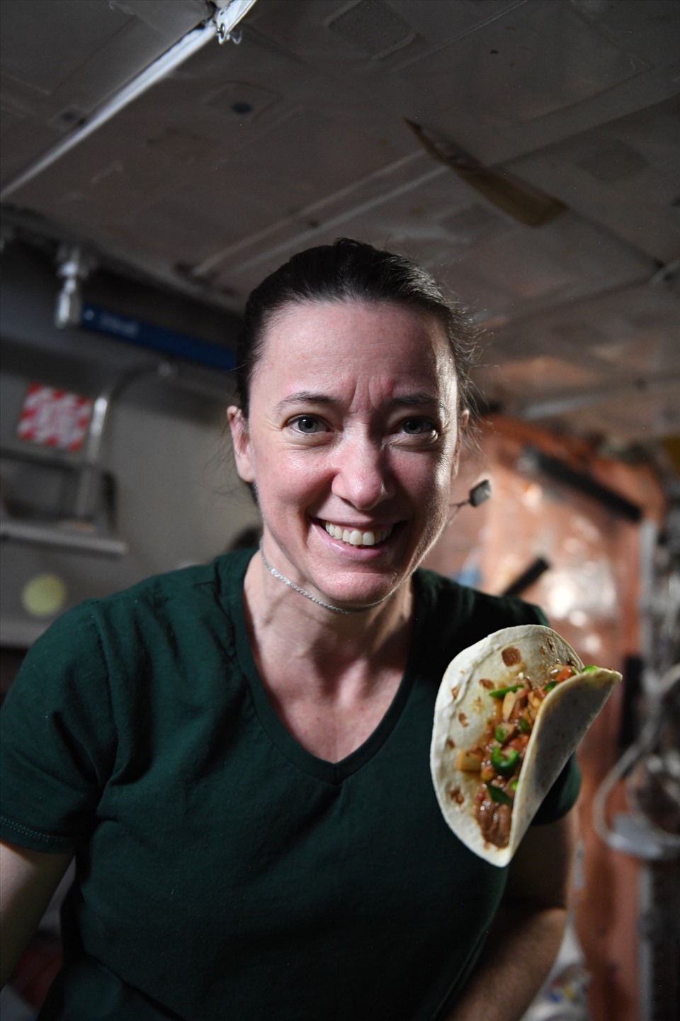 NASA astronaut Megan McArthur shows a cake with peppers on the ISS space station.  Photo: NASA