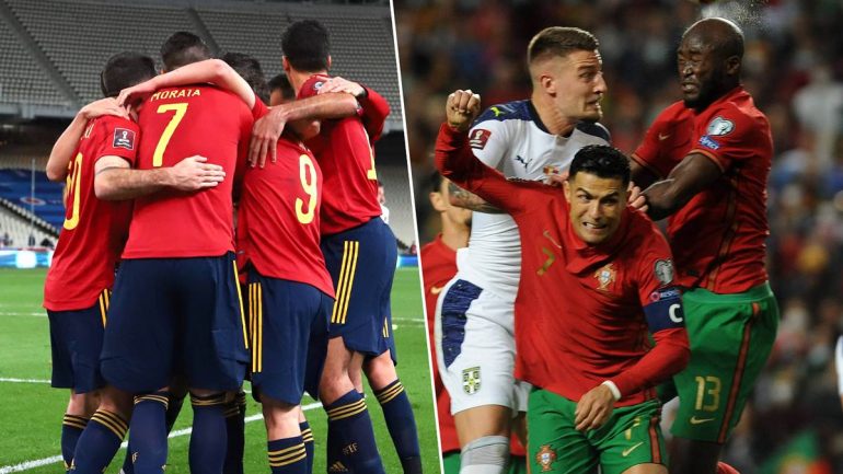 WM-Ticket gebucht: Jubel bei Spanien. Cristiano Ronaldo und Portugal müssen in die Playoffs, weil Serbien im direkten Duell gewinnt und sich das WM-Ticket schnappt.
