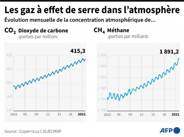 Monthly evolution of atmospheric concentrations of carbon dioxide and methane, since 2003 (AFP /)