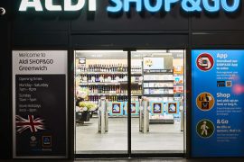 Aldi opens its first cashless Aldi Shop & Go branch in Greenwich, London.