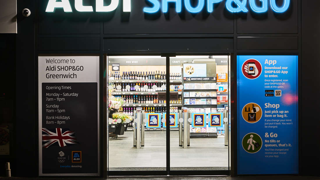 Aldi opens its first cashless Aldi Shop & Go branch in Greenwich, London.