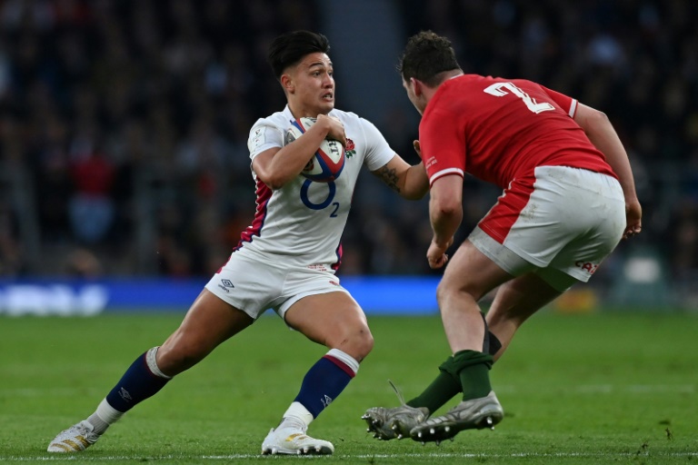 England Fly-Half Marcus Smith faces Welsh hooker Ryan Elias at the Sixth Nations Tournament on 26 February 2022 at Twickenham Stadium in London.