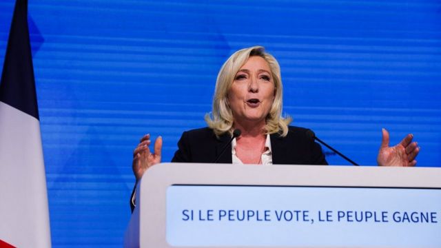 Marine Le Pen speaks after the close of voting in the first round of the French presidential election on April 10, 2022