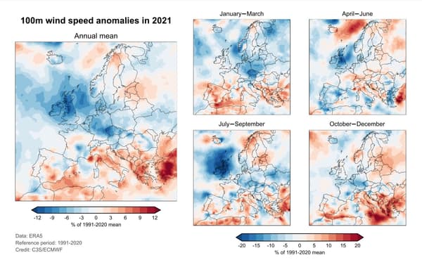 Annual annual and quarterly wind speed fluctuations of 100 m / h in 2021 compared to the 1991-2020 reference period.
