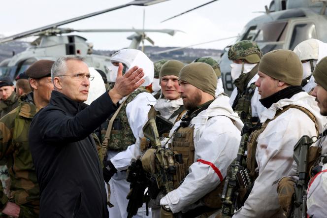 NATO Secretary-General Jens Stoltenberg during a military exercise on March 25, 2022 at Bardufoss Base, Norway.