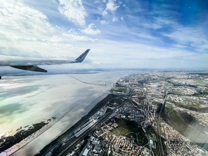 Aerial view of Lisbon, Portugal from Ryan Air on April 4, 2022. 