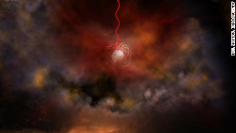 This is an artist's idea of ​​a neutron star with a very strong magnetic field, called a magnetic field (red) that emits radio waves. 