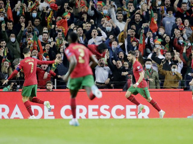 Portugal's Bruno Fernandes celebrate a goal against North Macedonia on March 29, 2022.