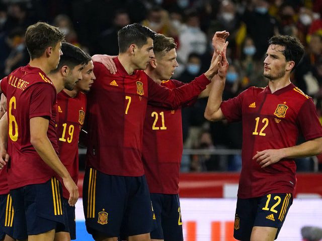 On March 29, 2022, Spaniard Alvaro Morata celebrates a goal with his teammates