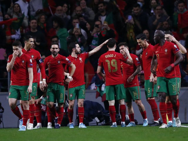 Portugal's Ottawa celebrate a goal against Turkey on March 24, 2022