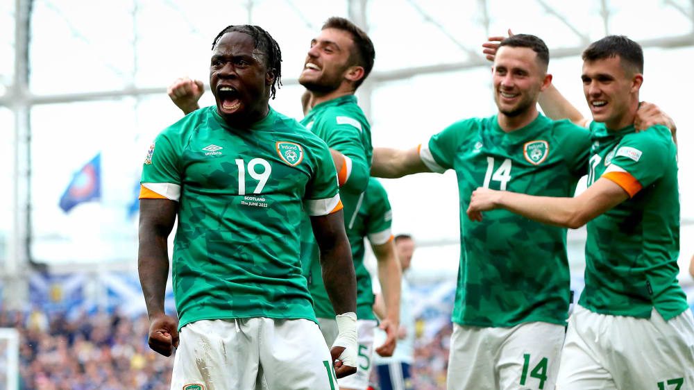 Cheers: Michael Obafemi and his Irish teammates are delighted with their 3-0 goal.