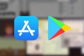 Logo de l'App Sotre et Google Play devant l'image d'un jeu flouté