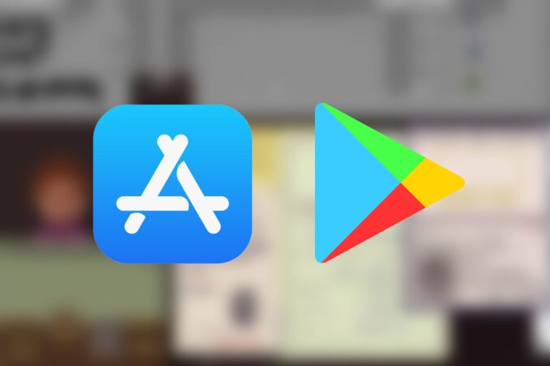 Logo de l'App Sotre et Google Play devant l'image d'un jeu flouté