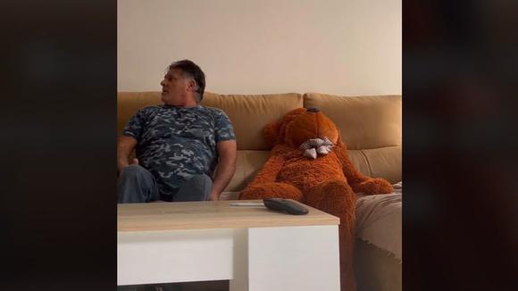 He dressed up as a stuffed animal and scared the life out of his father-in-law (Video: TikTok/@cristiramos3).