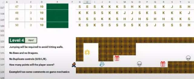 Part of the fourth level of an Excel-based platform game 