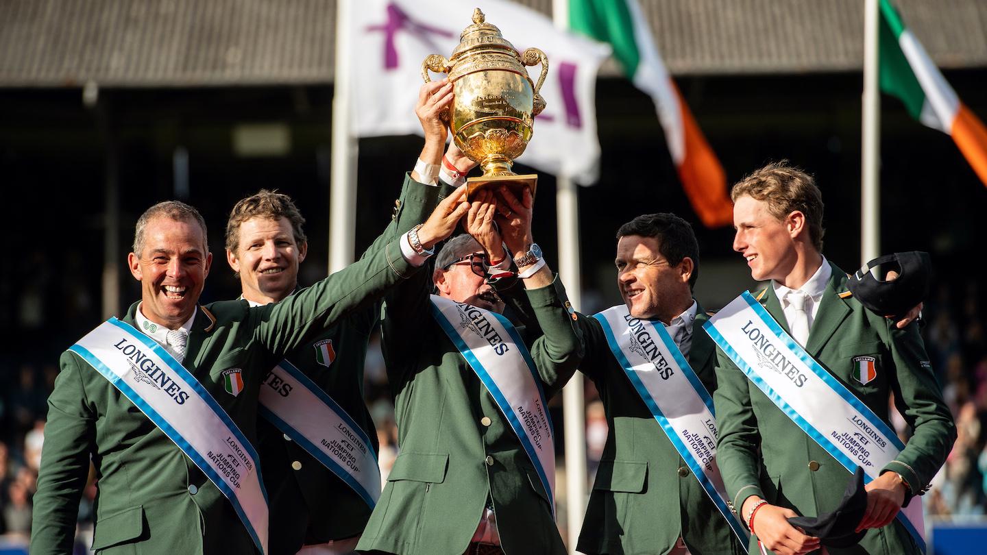 Dublin offers the Nations Cup under the nose and chin of the Imperial and Ireland tricolor flags.

