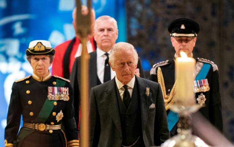 The new King Charles III (front), Princess Anne (L), Prince Andrew (C) and Prince Edward (R) at St Giles' Cathedral in Edinburgh on September 12, 2022 (POOL / Jane Barlow)